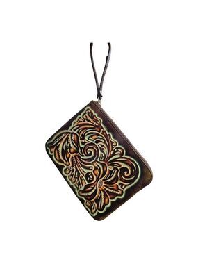 Patricia Nash Turquoise and Brown Leather Clutch Wristlet Wallet
